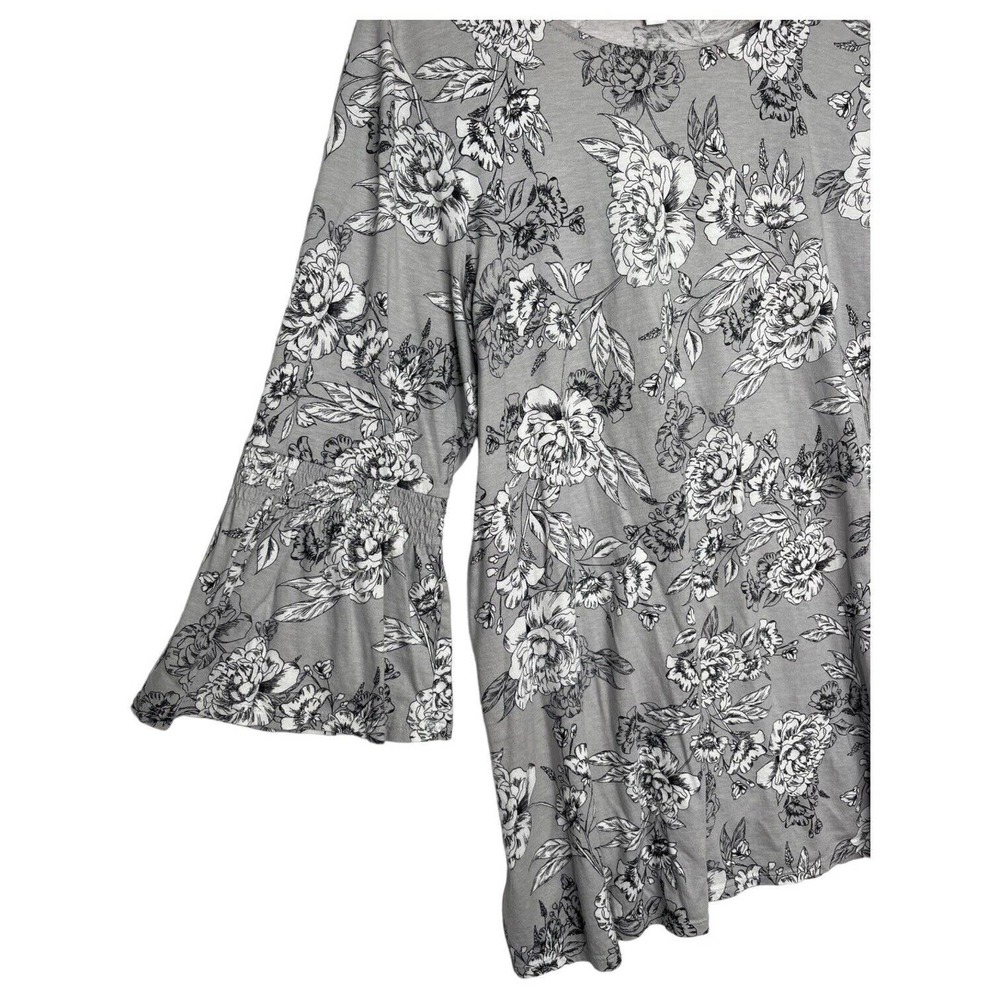 J Jill Top Womens L Floral Smocked Bell Sleeve Round Neck Modal Cotton Boho Gray - Picture 3 of 13